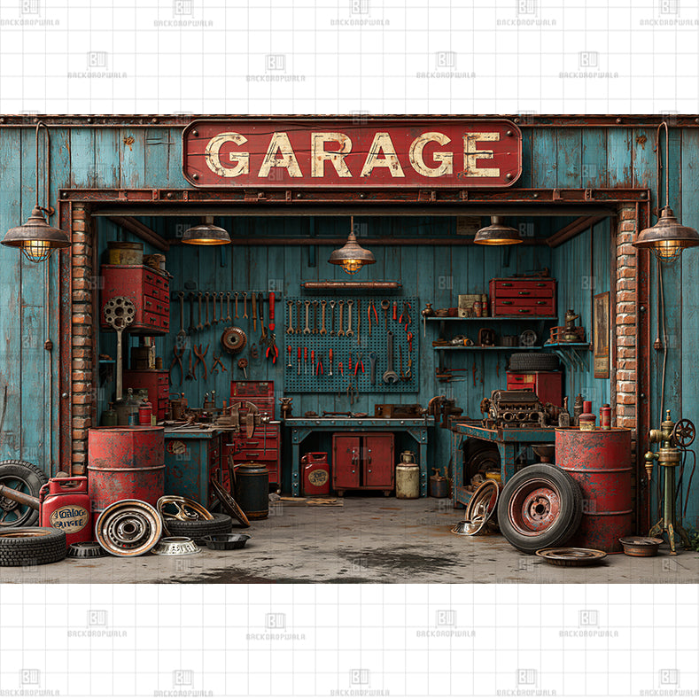 Retro Garage Sings Printed Baby Backdrop