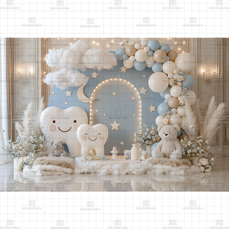 Whimsical Fluffy Clouds and Little Teeth Printed Baby Backdrop