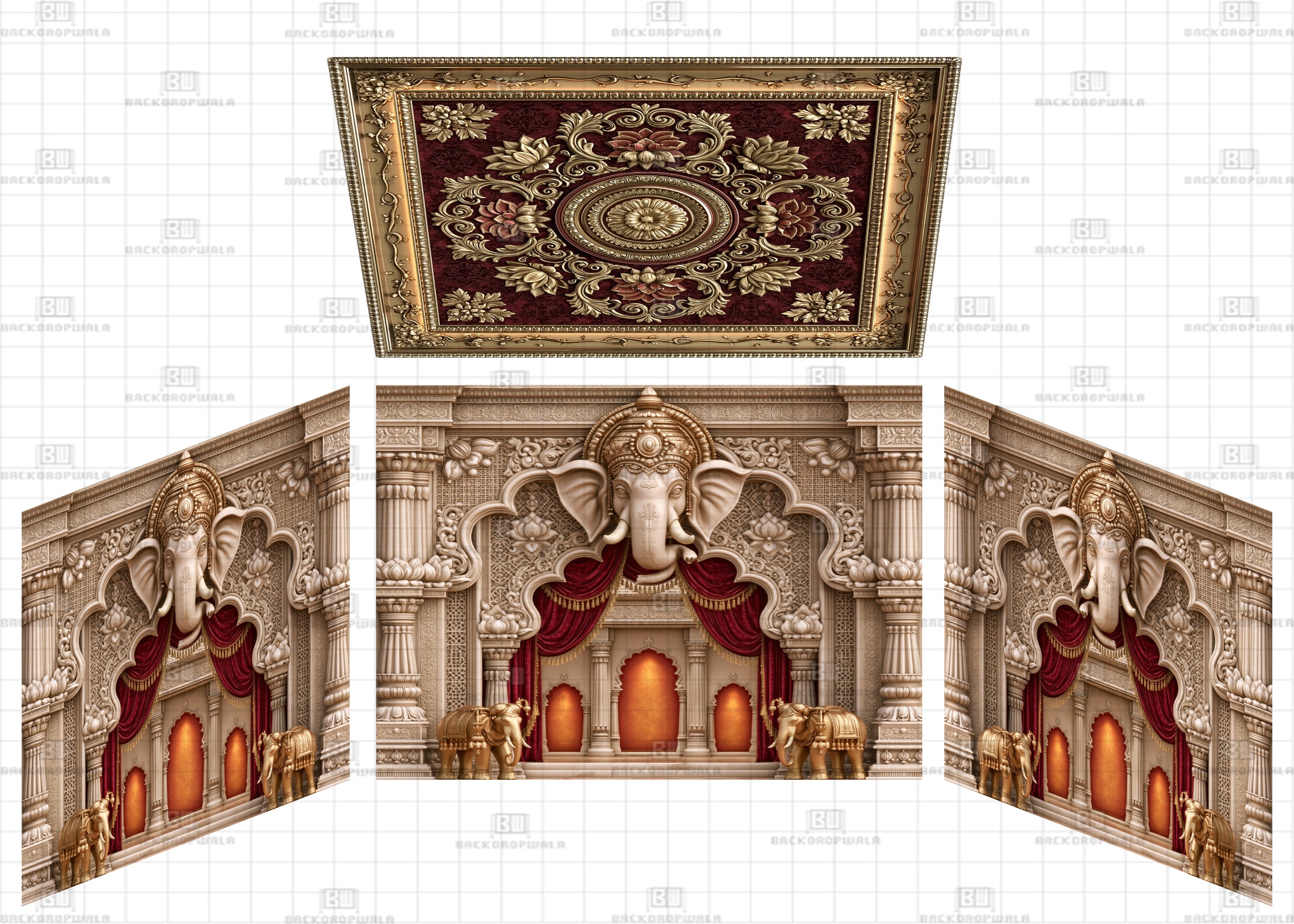 Carved Ganesha & Elephants Theme Ganesh Pandal Backdrop