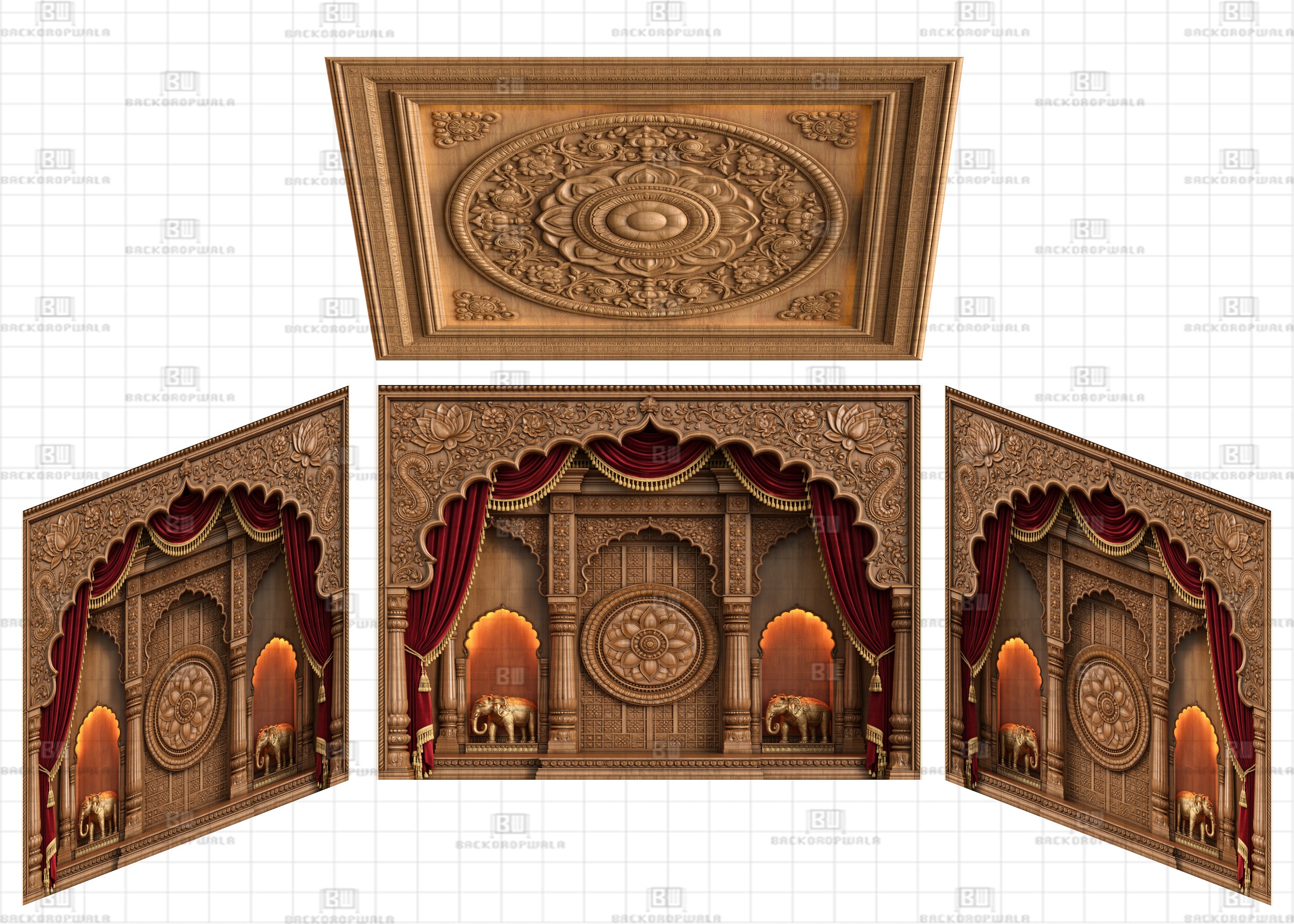 Luxury Teak Wood Lotus Mandala Ganesh Pandal Backdrop