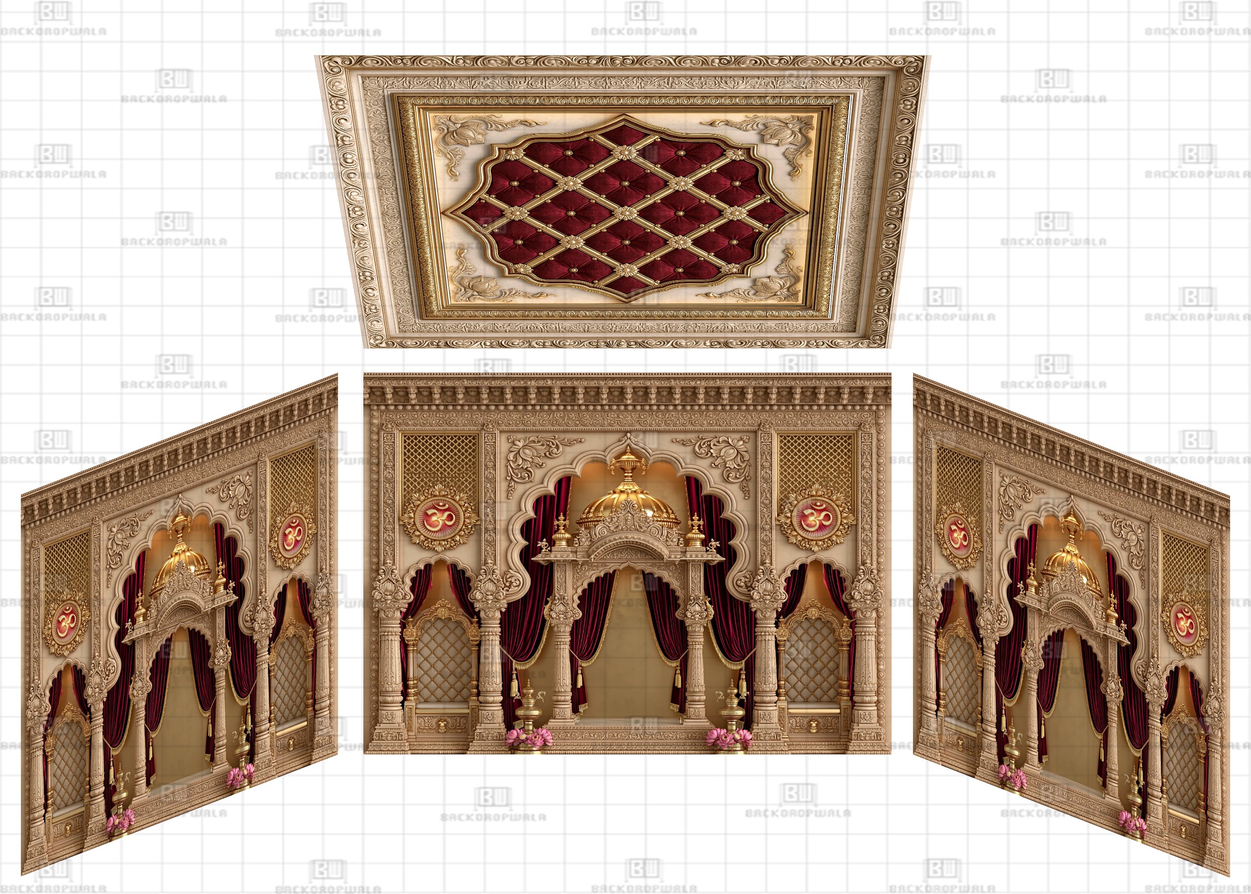 Regal Crimson & Gold Mandir Theme Ganesh Pandal Backdrop