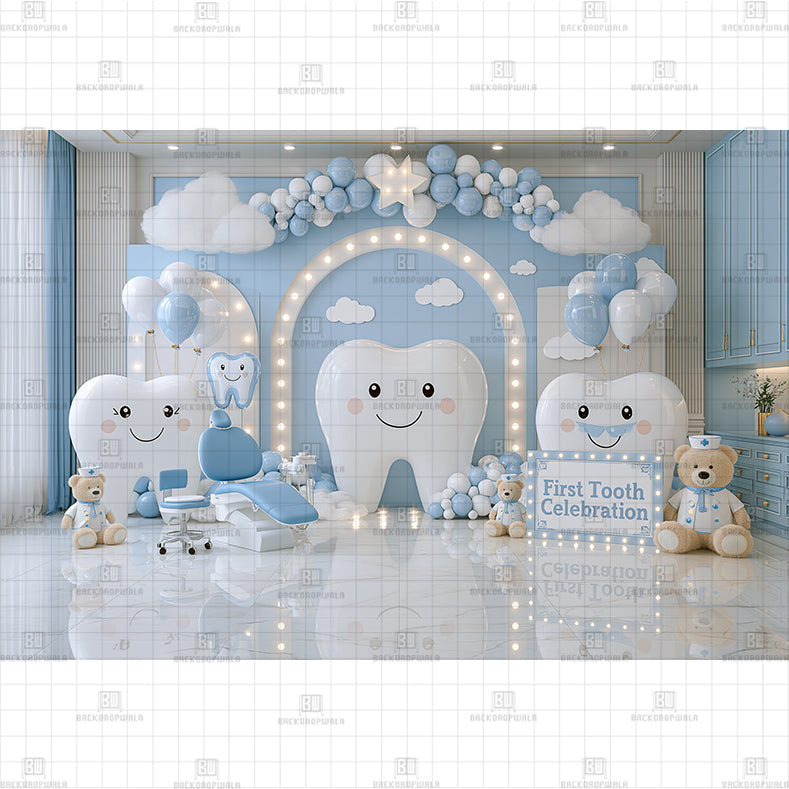 Cute Dentist Teddy Bear and Large Teeth Printed Baby Backdrop