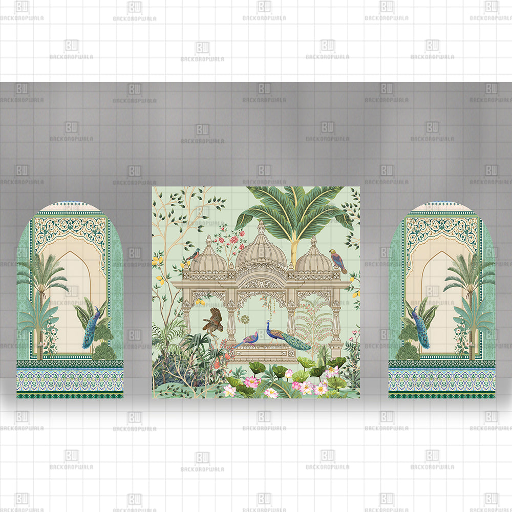 Traditional Mughal Garden Peacock Arch Temple Printed Event Backdrop