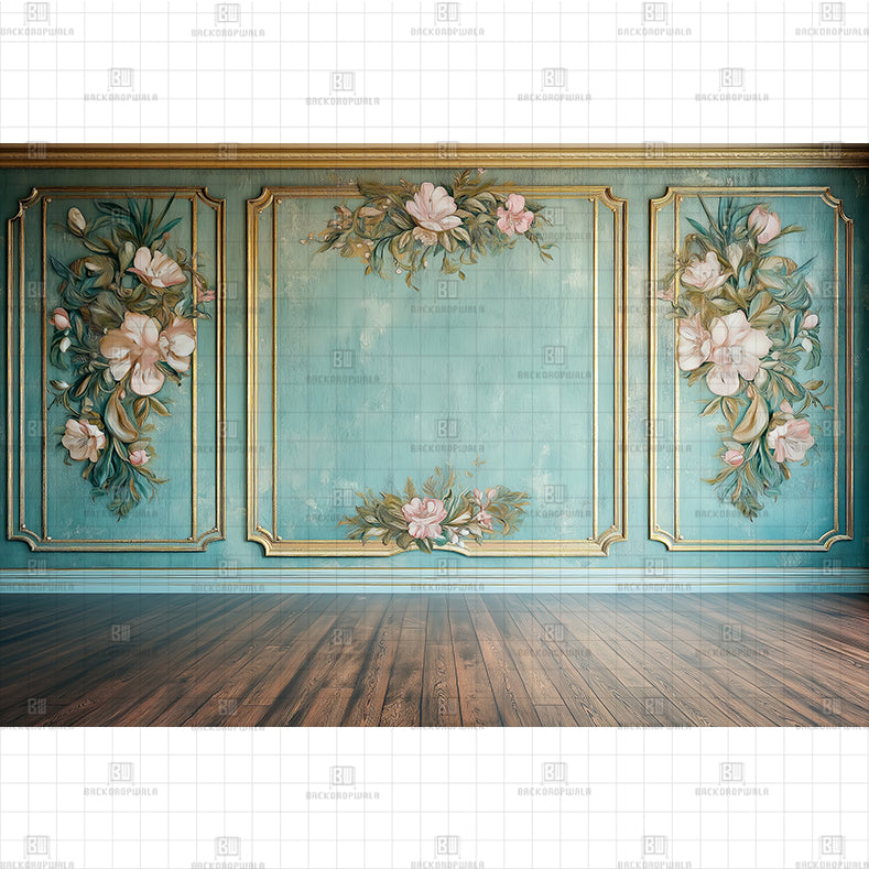 Rococo Floral Teal backdrop Printed Baby Backdrop