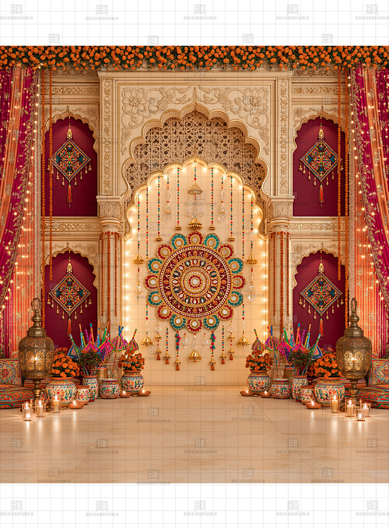 Traditional Carved Jharokha Navratri Printed Backdrop