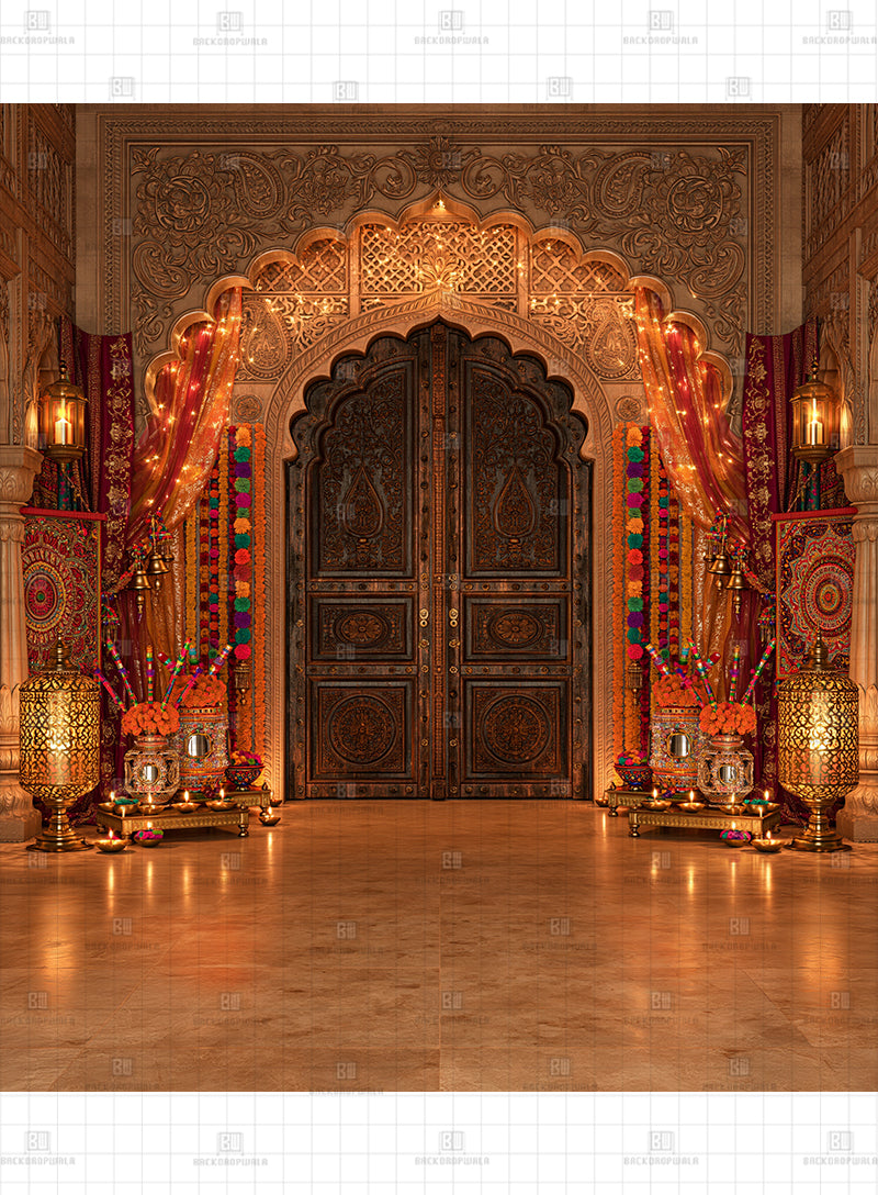 Traditional Carved Wooden Gate Navratri Printed Backdrop
