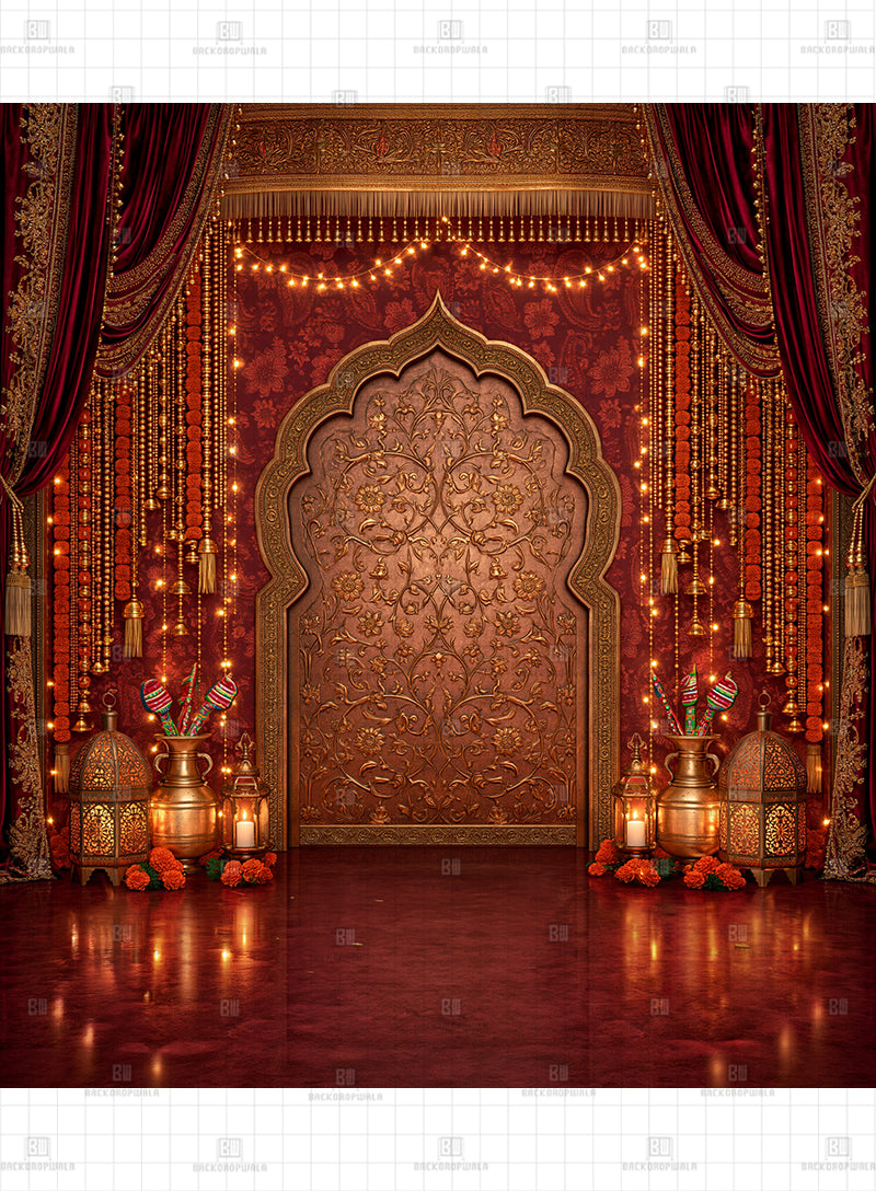 Opulent Gold Carved Arch with Maroon Drapes Navratri Printed Backdrop