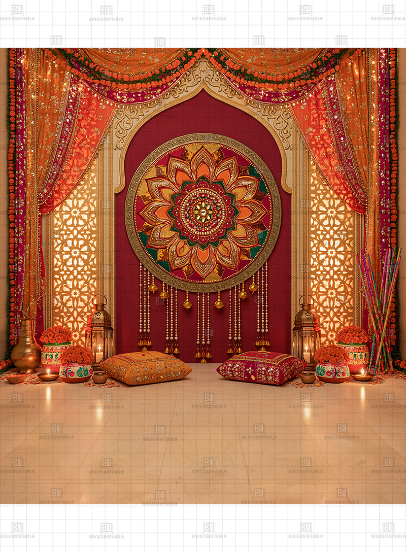 Traditional Grand Lotus Mandala Navratri Printed Backdrop
