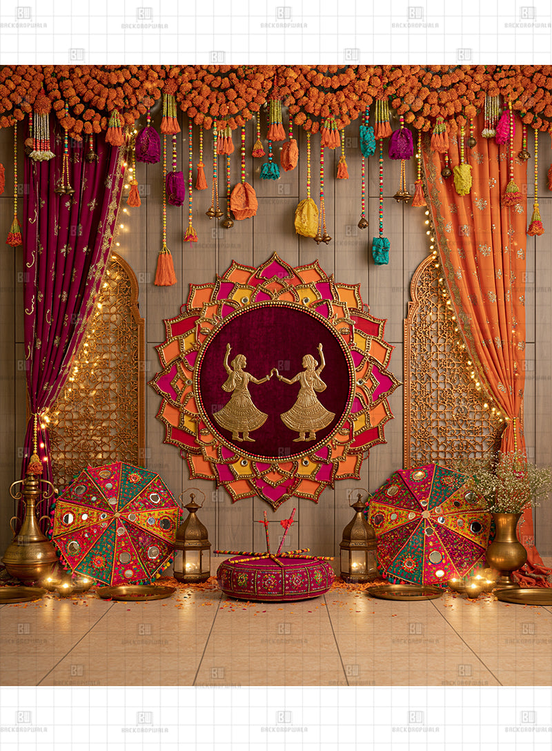 Vibrant Garba Dance Motif Stage Navratri Printed Backdrop